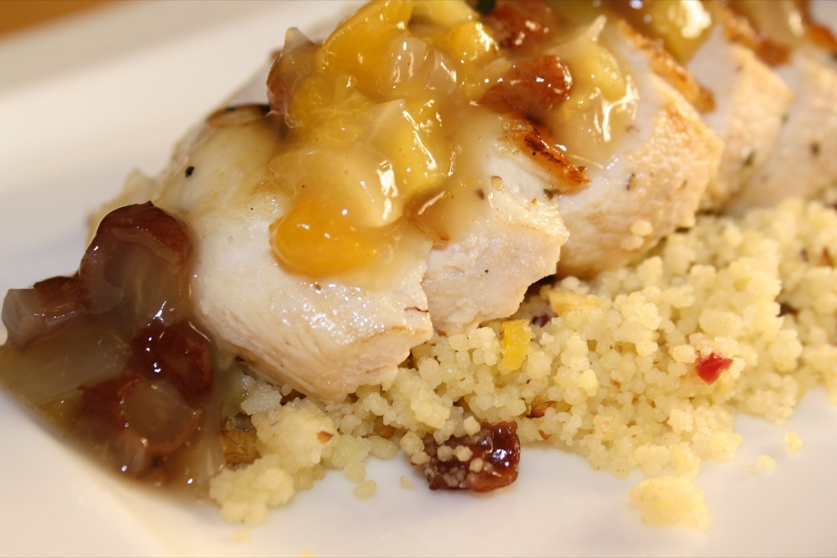 Chicken breast with mango chutney on jewelled couscous