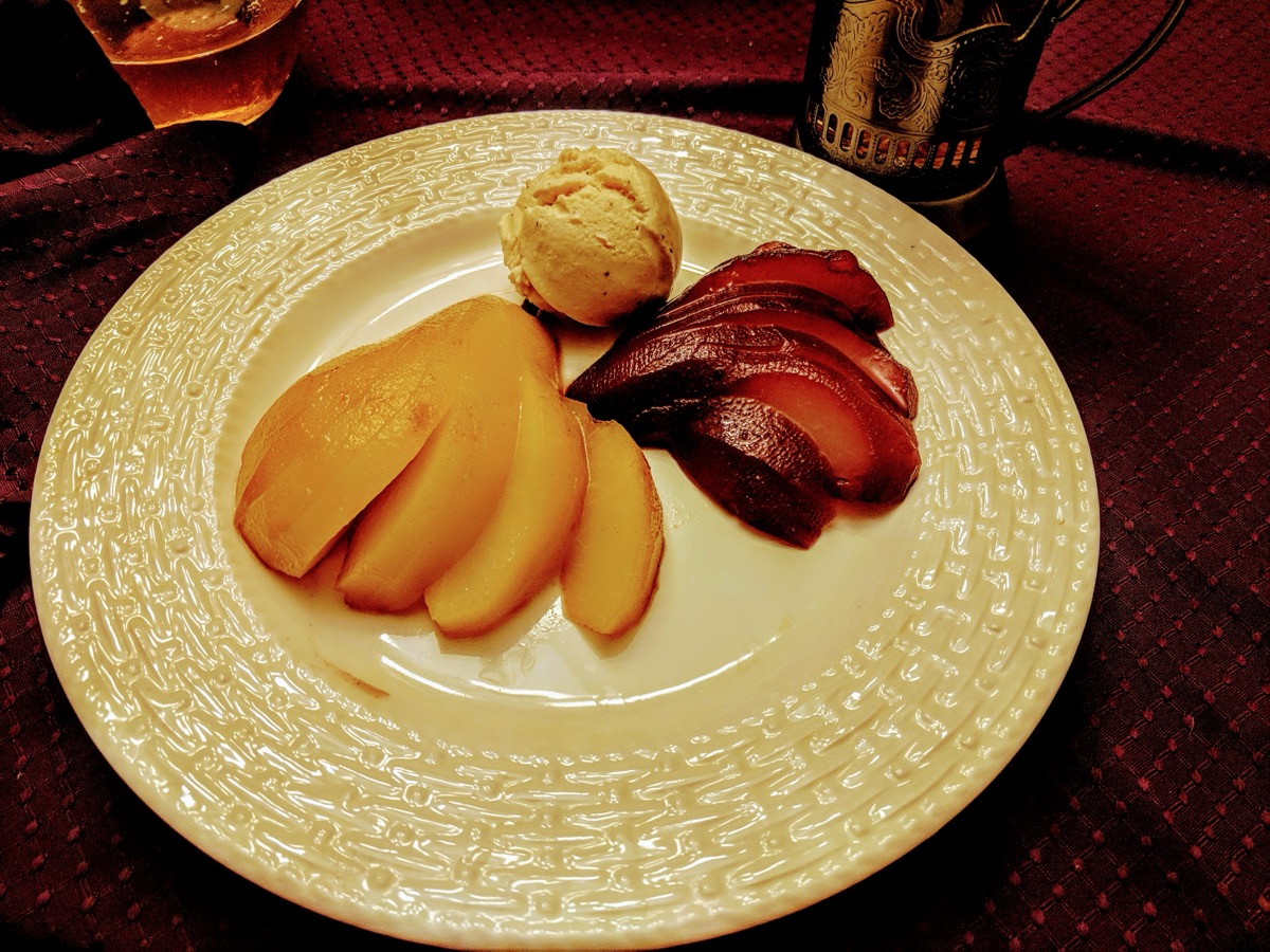 Poached pears with ice cream