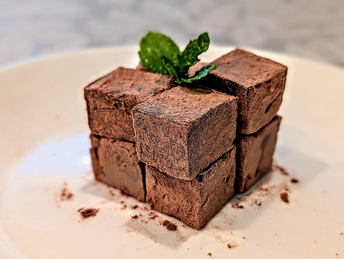 Dark chocolate truffle cubes with mint